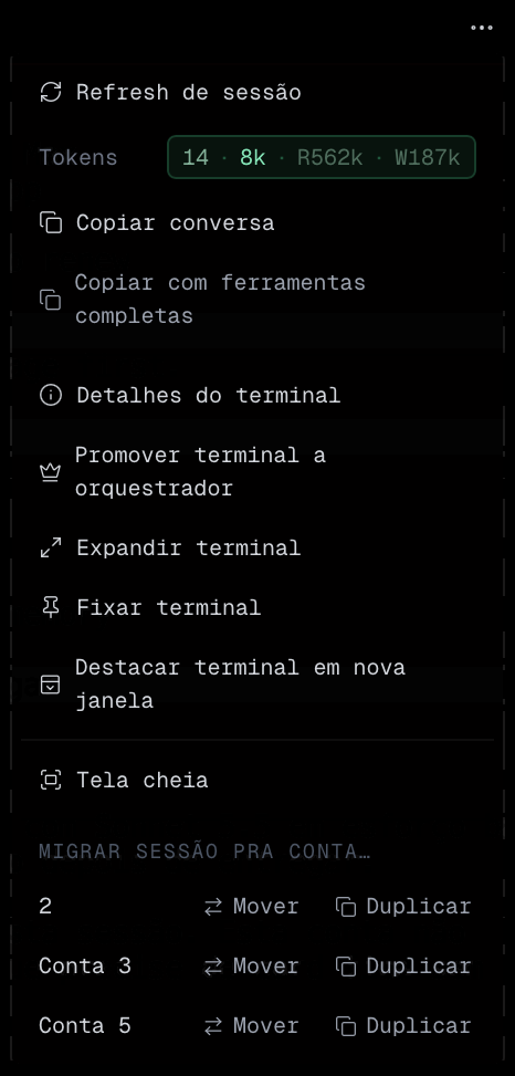 Menu ⋯ do terminal com a contagem de tokens