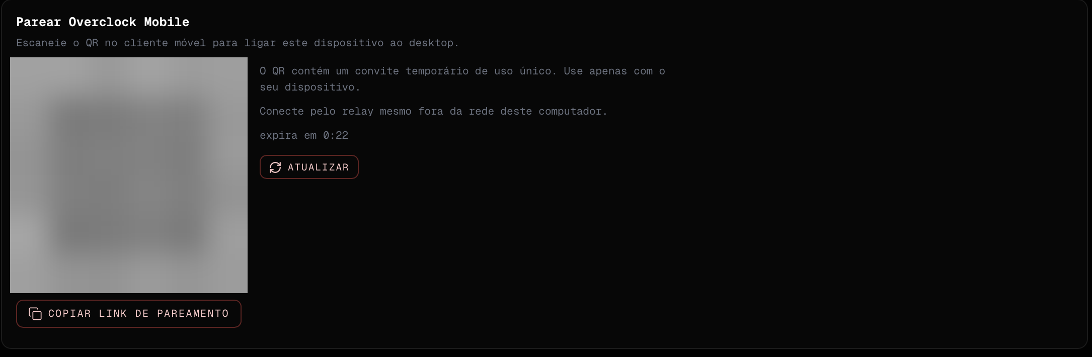 seção Parear Overclock Mobile com o QR ocultado antes de publicar a imagem