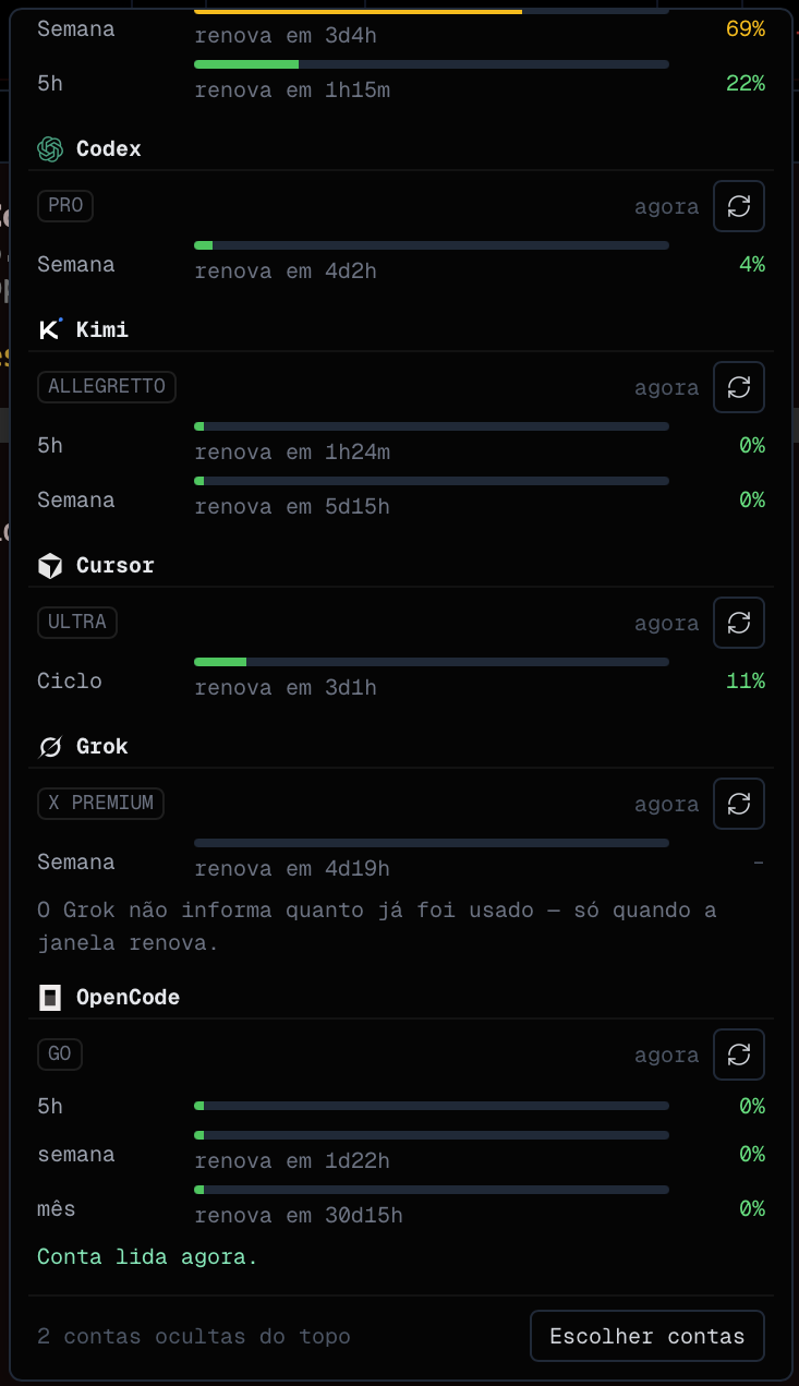 Redline com os cartões do OpenCode Go e do Cursor