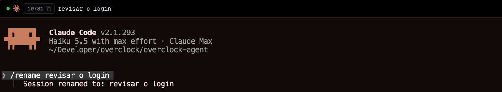 Terminal do Claude depois de renomear: o comando /rename e a resposta Session renamed to: revisar o login