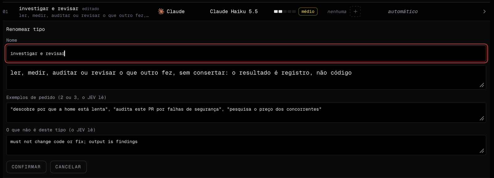 Edição de um tipo com o nome, a descrição, os exemplos de pedido e o que não é deste tipo