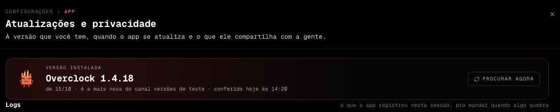 Versão instalada e o botão Procurar agora, em Atualizações e privacidade