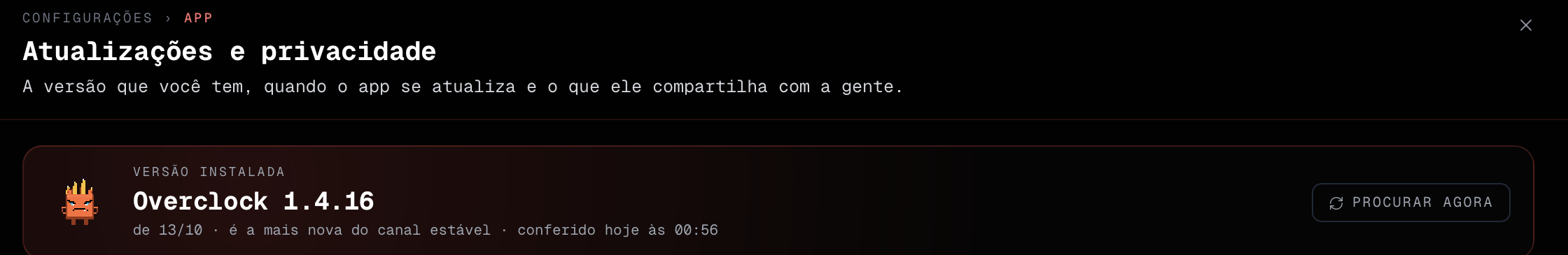 Versão instalada e o botão Procurar agora, em Atualizações e privacidade