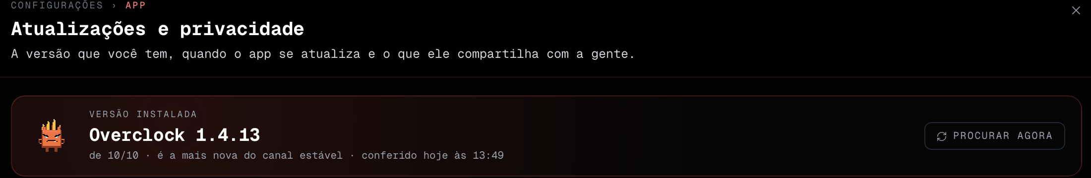 Versão instalada e o botão Procurar agora, em Atualizações e privacidade