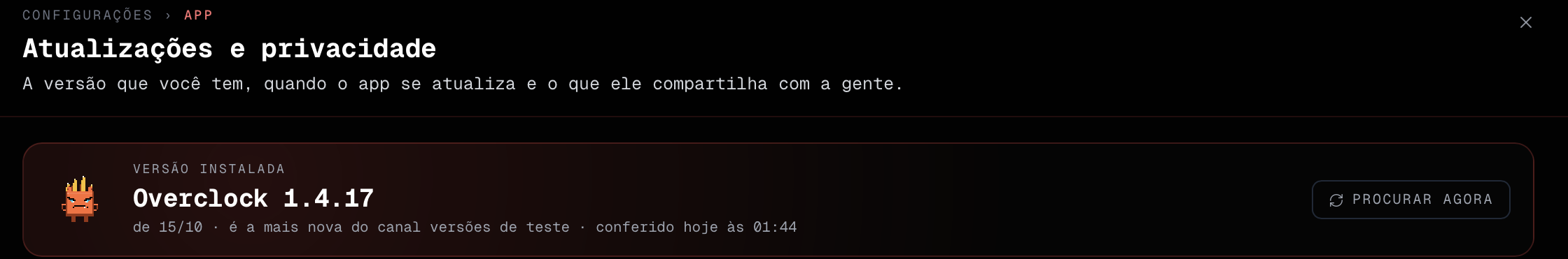 Versão instalada e o botão Procurar agora, em Atualizações e privacidade